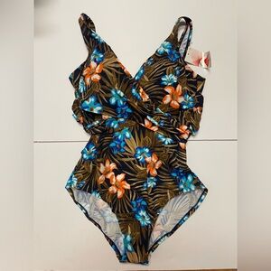 Lands’ End plus size one piece swimsuit wrap drape front floral print 14